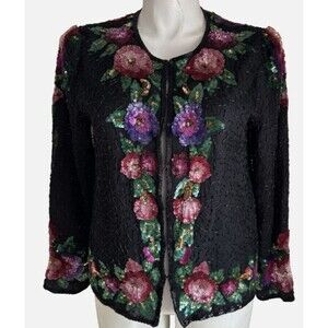 LAURENCE KAZAR XL 100%SILK OPEN FRONT JACKET BLACK MULTICOLOR FLORAL SEQUINED